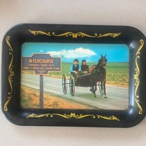 Vintage Black Decorative Tray with Horse and Buggy Scene